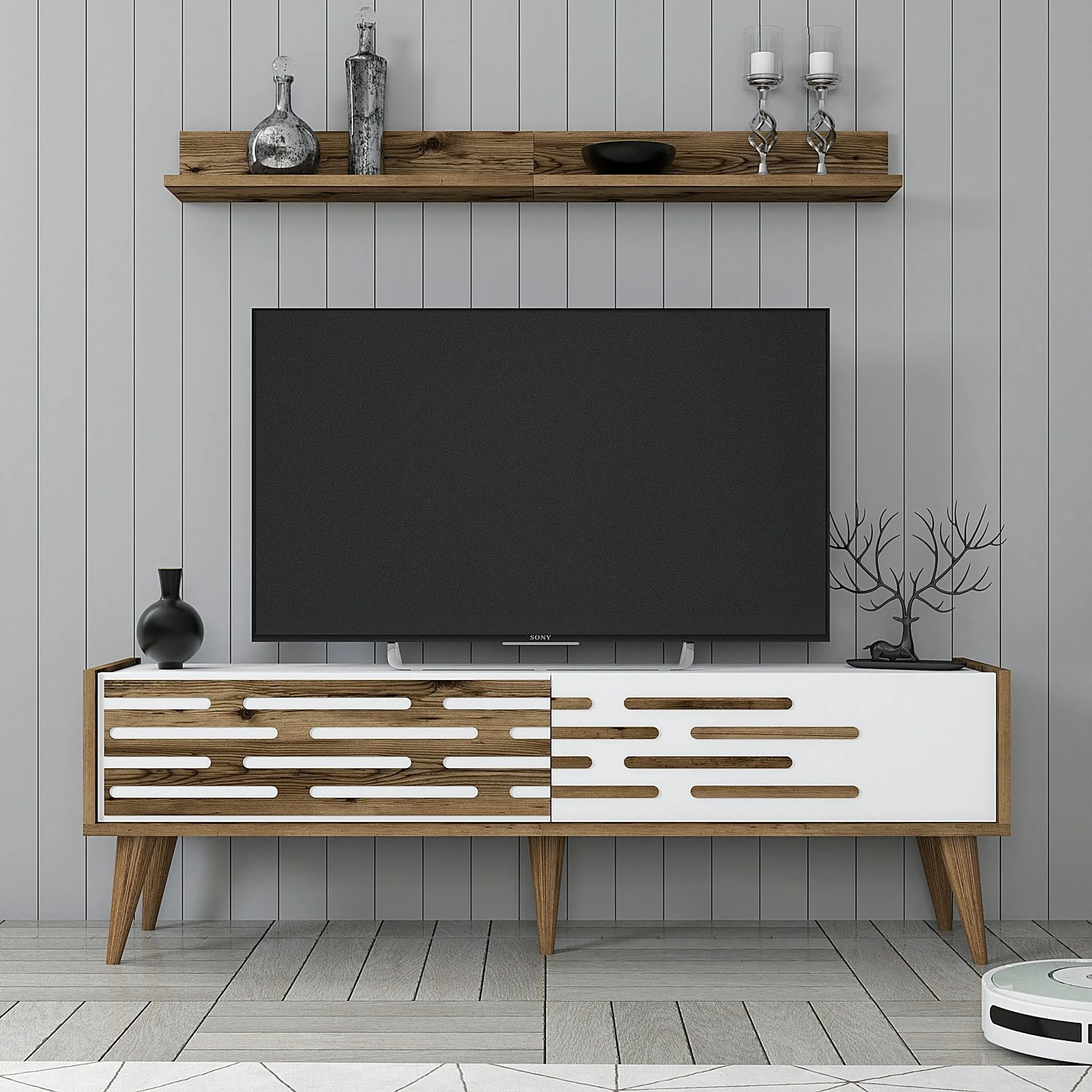 Komodë TV Valensiya 140, ngjyrë arrë dhe e bardhë, Skye Decor