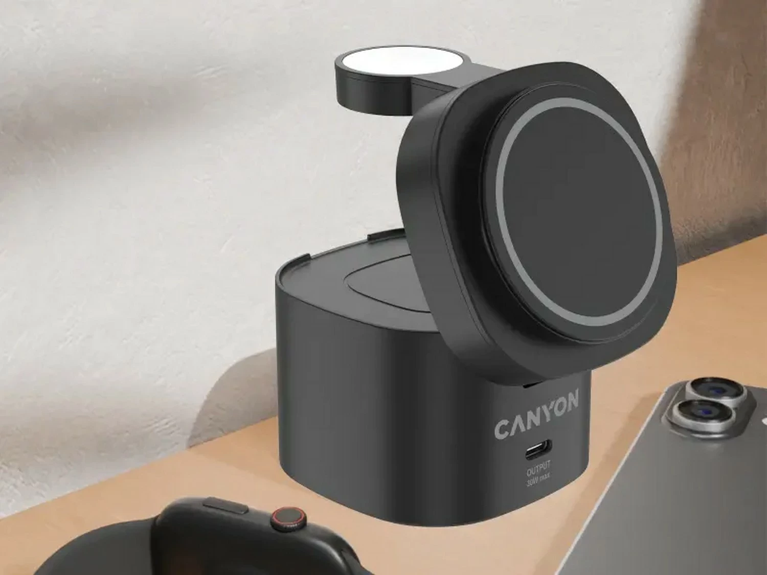 Stacion karikimi pa kabllo Canyon 4w1 30W, Qi2/USB-C, me adapter 65W, i zi