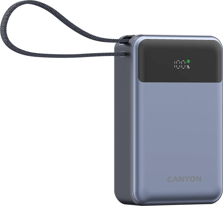 Power bank CANYON OnPower 600 20000 mAh PD 65W me kabllo Type-C të integrume, gri e errët