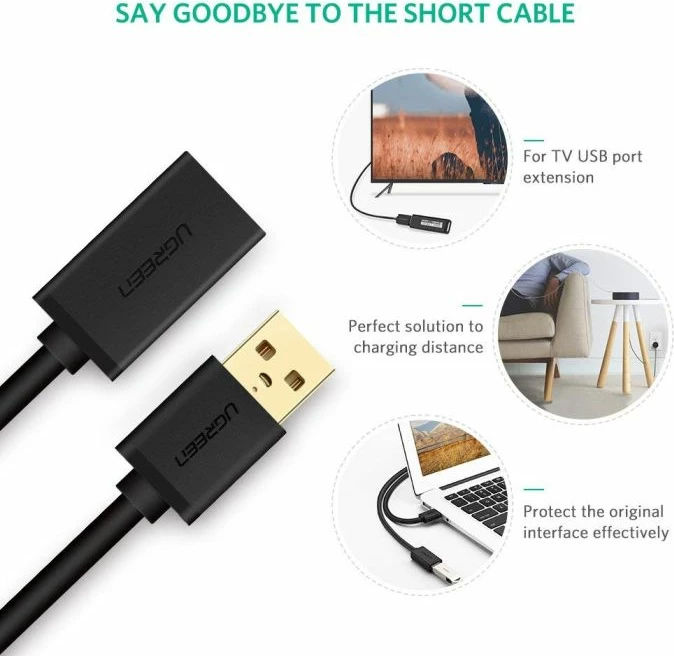 Kabllo zgjatuese USB 3.0 UGREEN 10373 2m (M në F), e zezë, polybag