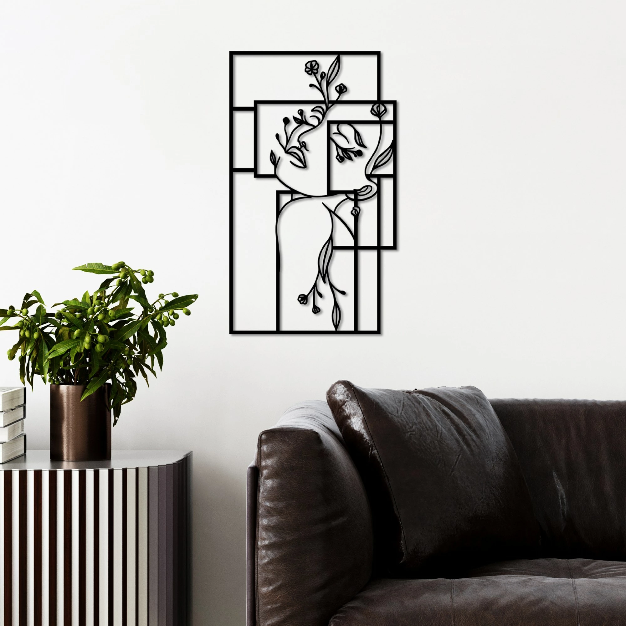 Aksesor dekorativ metalik për mur, Wallity, Flower Woman 1 - M, ngjyrë e zezë, 50x30cm