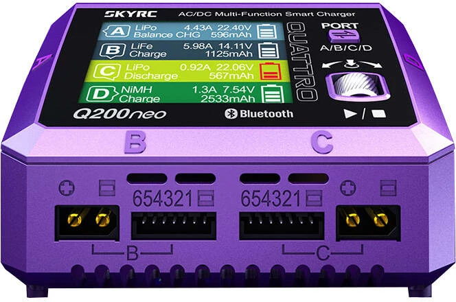 Karikues SkyRC Q200neo për bateri RC, 4 porta, AC/DC, Violet