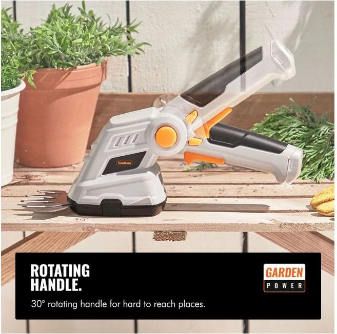 Gërshërë pa kabllo për gardh dhe bar VONHAUS 2500257 2-në-1, teh 170 mm + 90 mm, dorezë teleskopike 85–113 cm, gri/portokalli