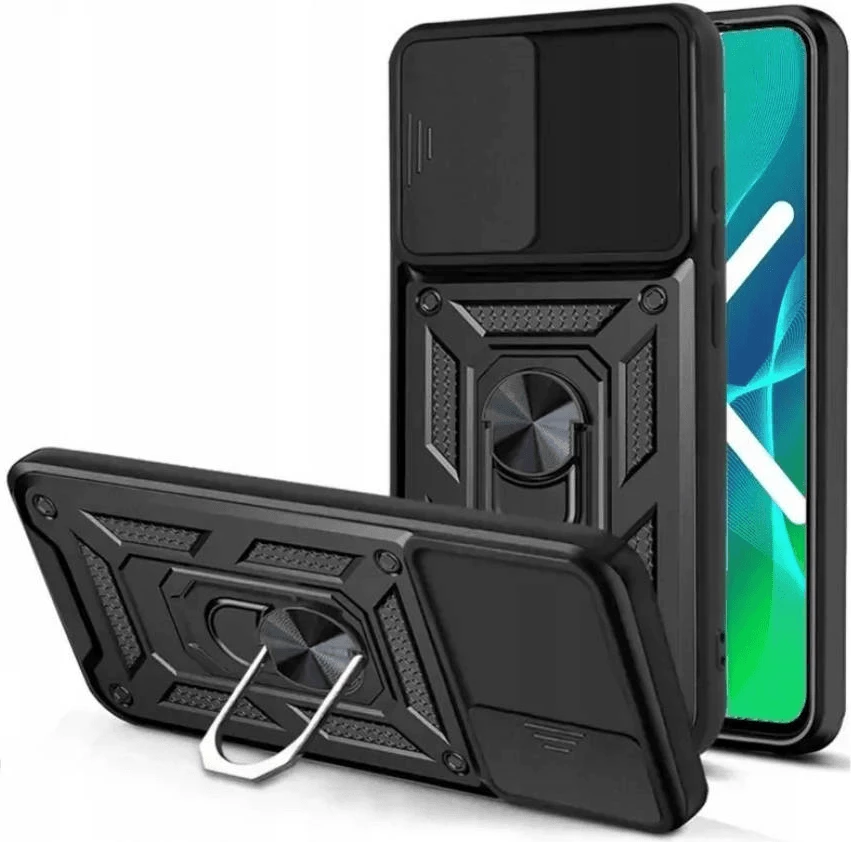 Mbështjellës silikonik armor me unazë për Celular Xiaomi Redmi 12C, ONASI 17342, me slider mbrojtës kamere, i zi