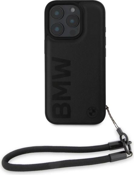 Mbështjellës BMW Signature Leather Wordmark Cord për iPhone 16 Pro Max, Lëkurë, Zi