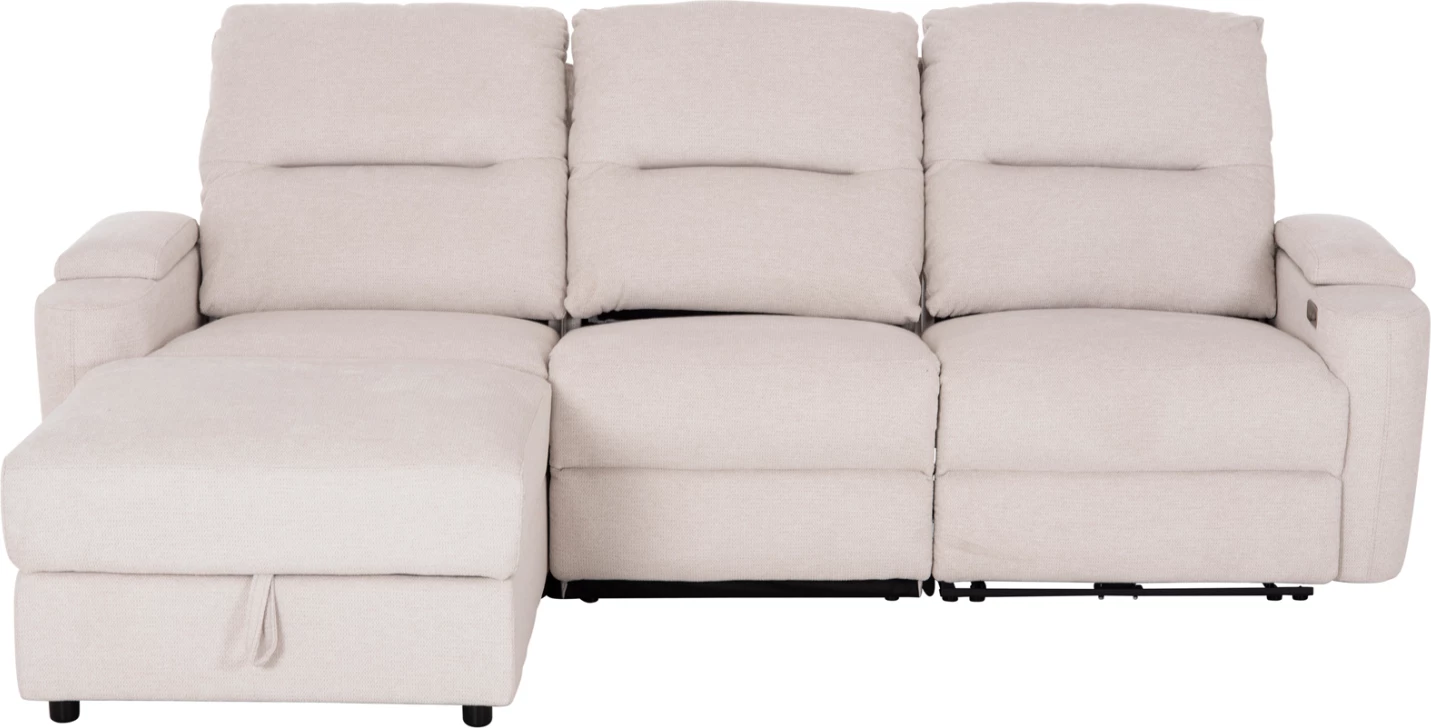 Këndare e majtë SYNTHIA, me recliner elektrik dhe hapësirë për depo, material bezhë, 246x159x97cm