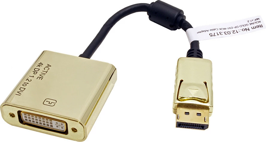 Adapter kabllo ROLINE 12.03.3175, DisplayPort (M) në DVI-D (F), 0.15 m, 4K, Gold