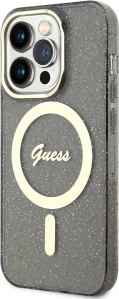 Mbështjellës Guess GUHMP14LHCMCGK për iPhone 14 Pro 6.1", Glitter Gold MagSafe, i zi