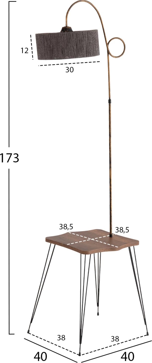 Llambë dyshemeje me tavolinë anësore melamine, ngjyrë arre-gri, FH7949.02, 40x40x173 cm