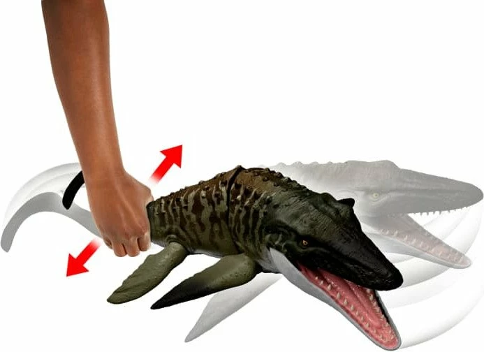 Figurë dinosauri Mattel Jurassic World Bite ‘n Blast Mozazaur JCH00, 65 cm, me kafshim/gëlltitje & pështymje, me minifigurë Dilofozaur