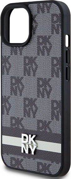 Mbështjellës DKNY Leather Checkered Mono Pattern & Printed Stripes për iPhone 15 Plus / 14 Plus, e zezë