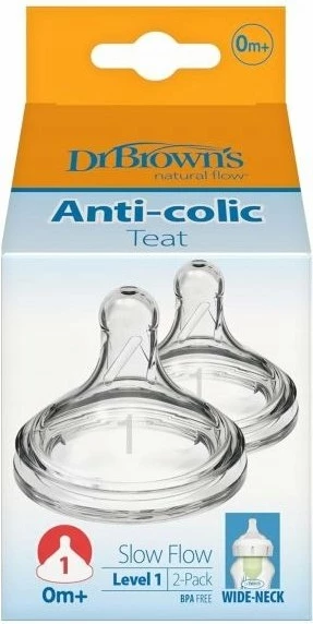 Thithëse biberoni Dr Browns WN1201 Anti-Colic Level 1 Wide Neck Slow Flow 0-3 muaj, 2 copë