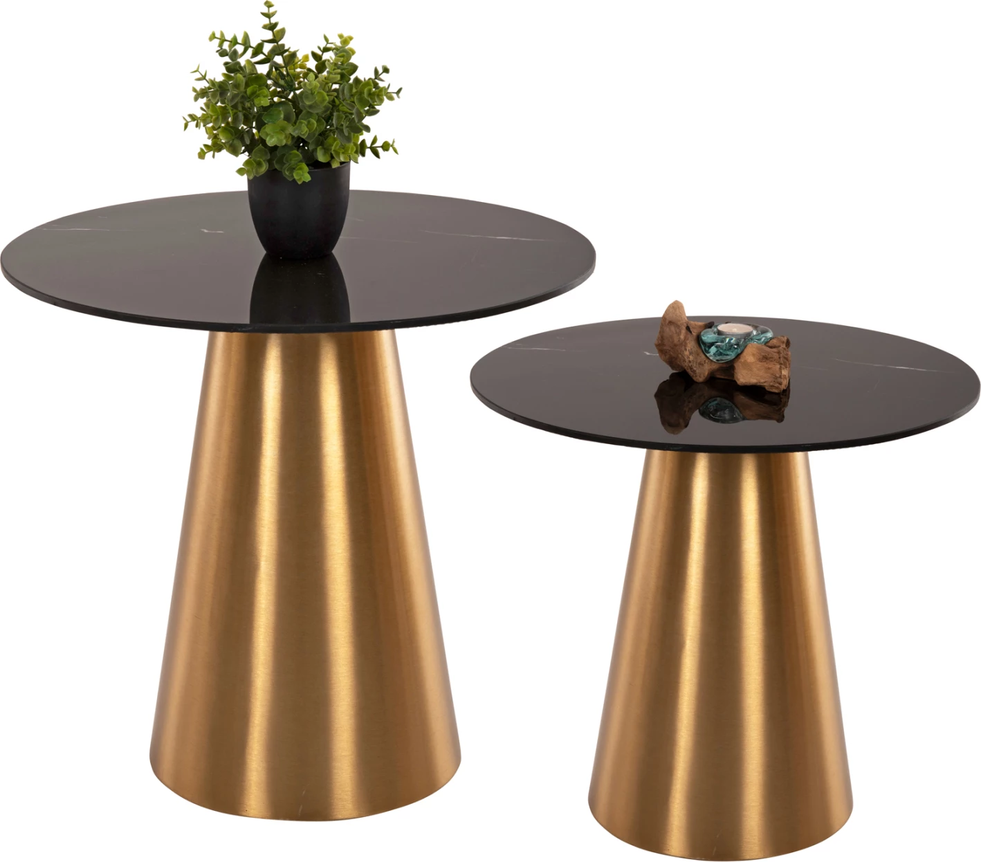 Tavolina anësore 2 copë RENGI FH9665 metal në ngjyrë ari-zi me sipërfaqe qeramike Φ56&Φ43 cm