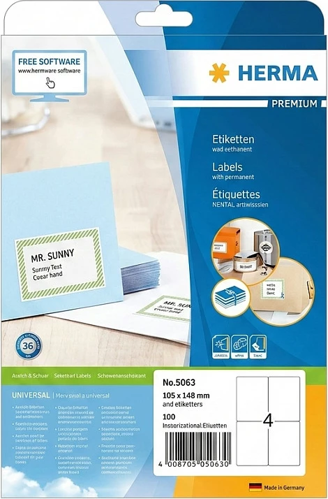 Etiketa vetëngjitëse printeri HERMA Premium 5063, A4 105x148 mm, 100 copë, të bardha