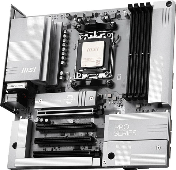 Pllakë amë MSI PRO B850M-A WIFI PZ, Socket AM5, mATX, DDR5 deri 256GB, Wi‑Fi 7, 5GbE LAN, argjendtë/bardhë