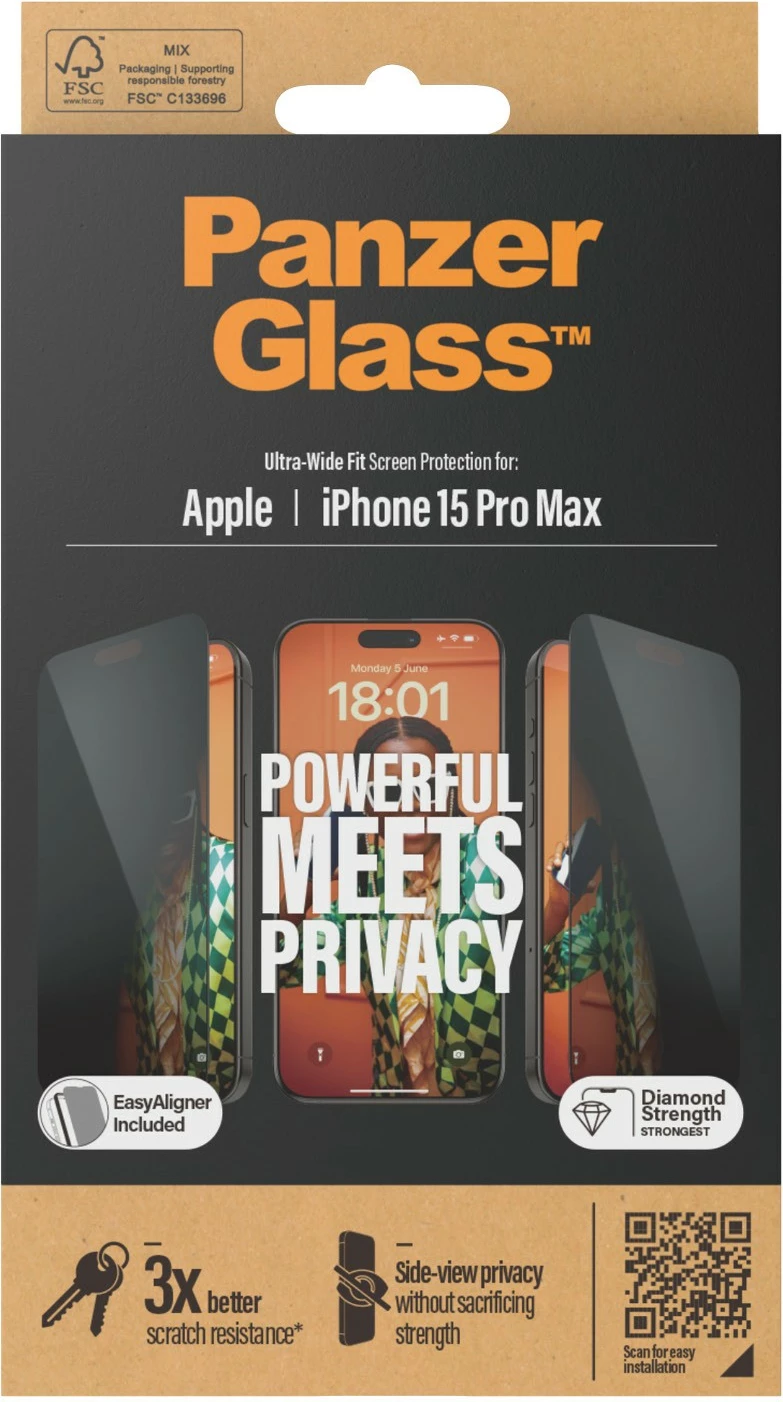 Mbrojtës ekrani PanzerGlass Privacy për iPhone 15 Pro Max, EasyAligner