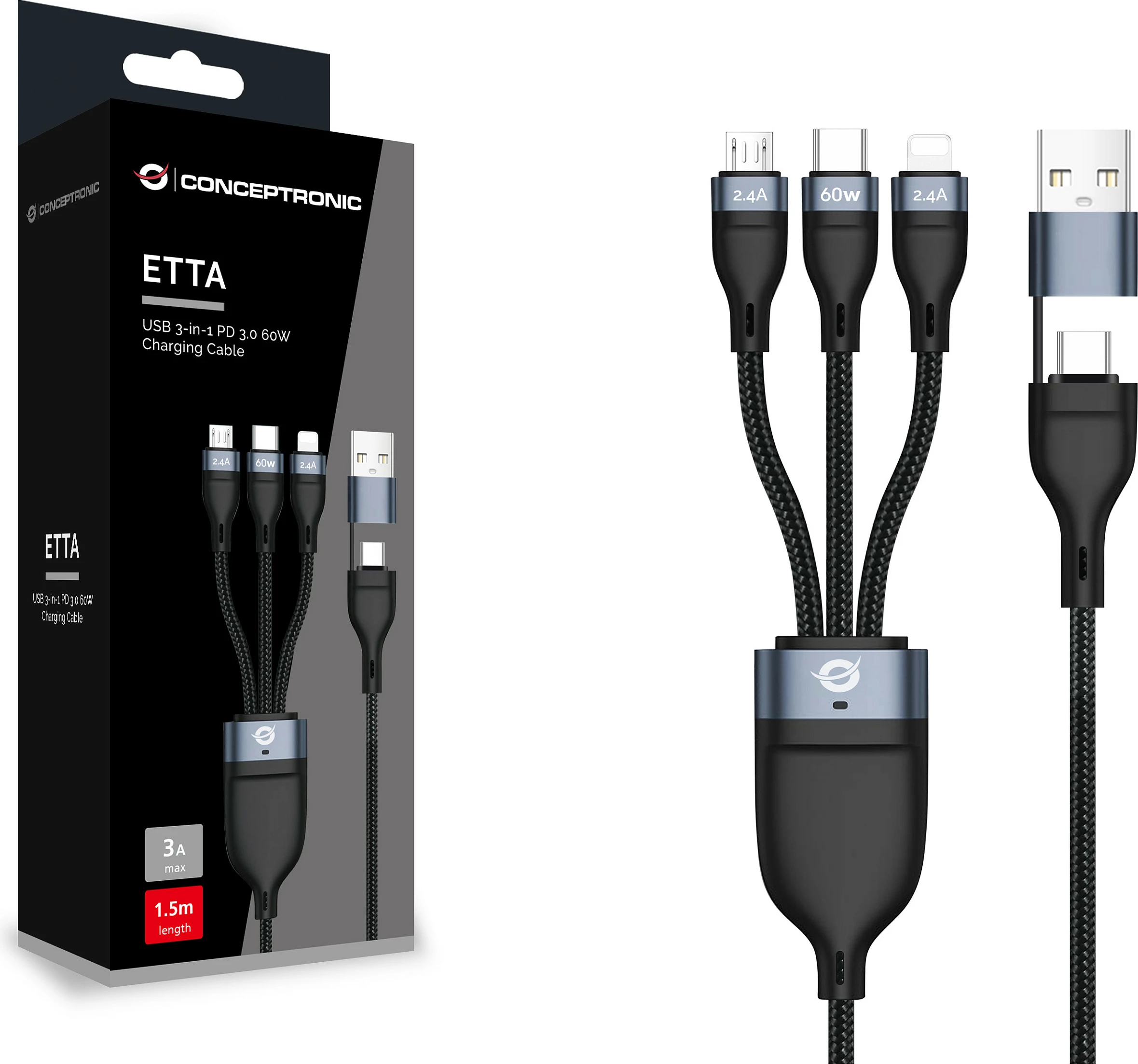 Kabllo karikimi Conceptronic ETTA05B15 3-në-1 USB-C PD 60W, 1.5m, USB-C/Micro-USB/Lightning, e zezë