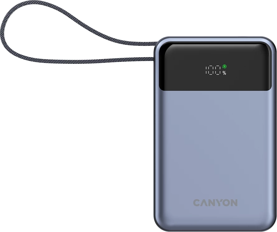 Power bank CANYON OnPower 600 20000 mAh PD 65W me kabllo Type-C të integrume, gri e errët