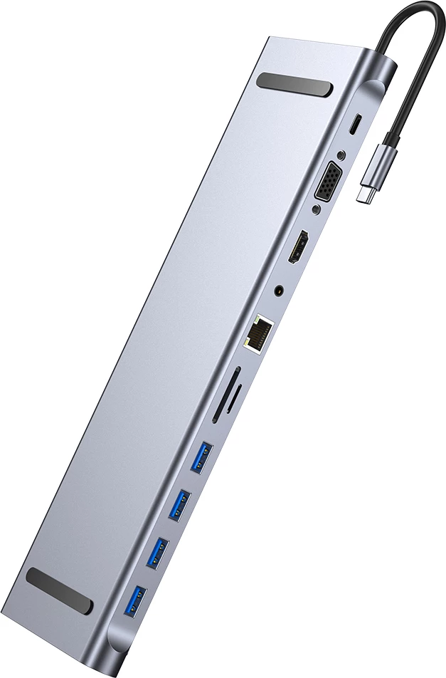 Hub USB-C Moye Core Multiport X11, 4x USB-A, HDMI 4K, RJ45, SD/TF, PD 87W, Argjend