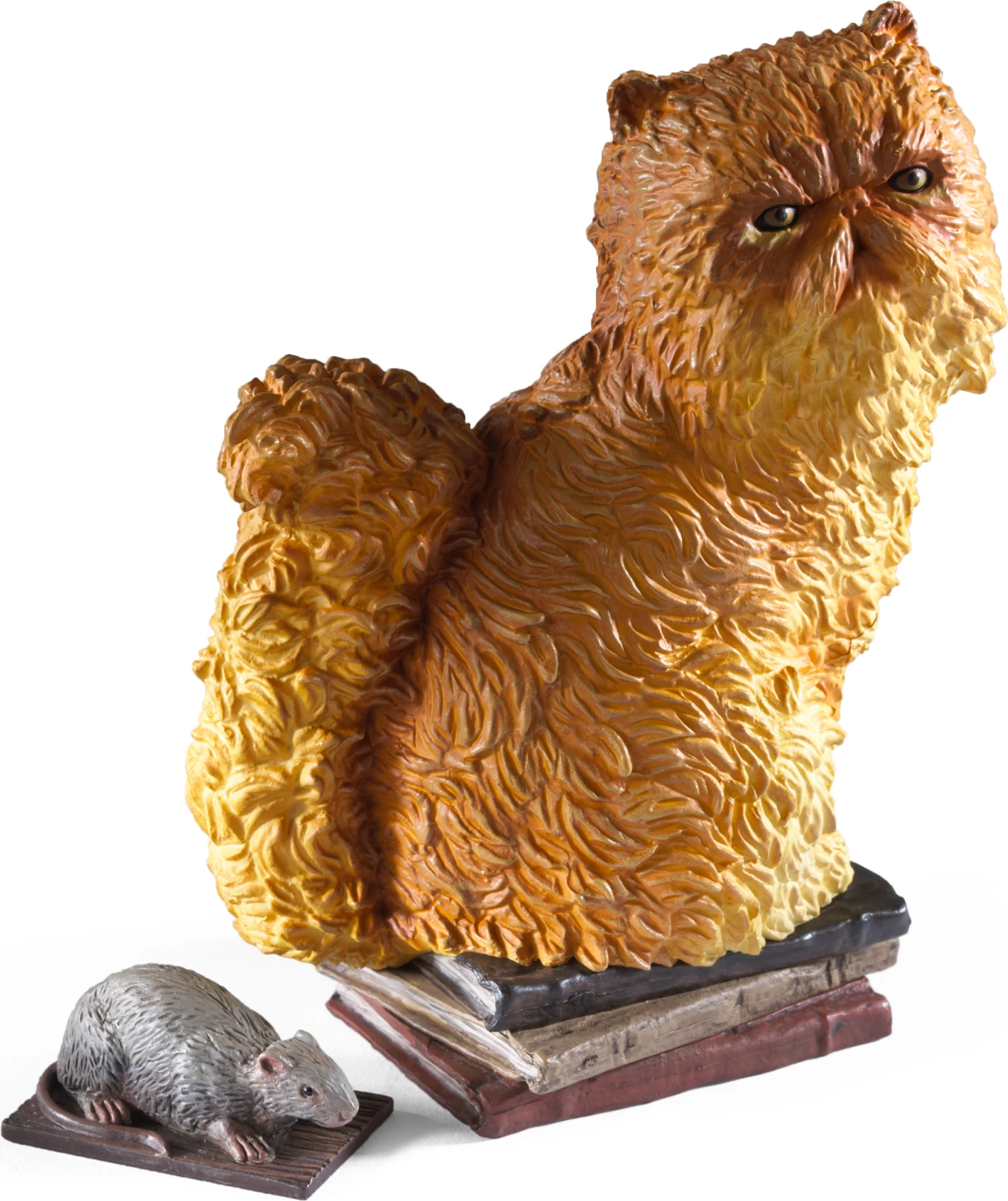 Figurinë/dioramë koleksionuese Noble Collection Harry Potter Magical Creatures Crookshanks, e pikturuar me dorë, me figurë të heqshme Scabbers, portokalli