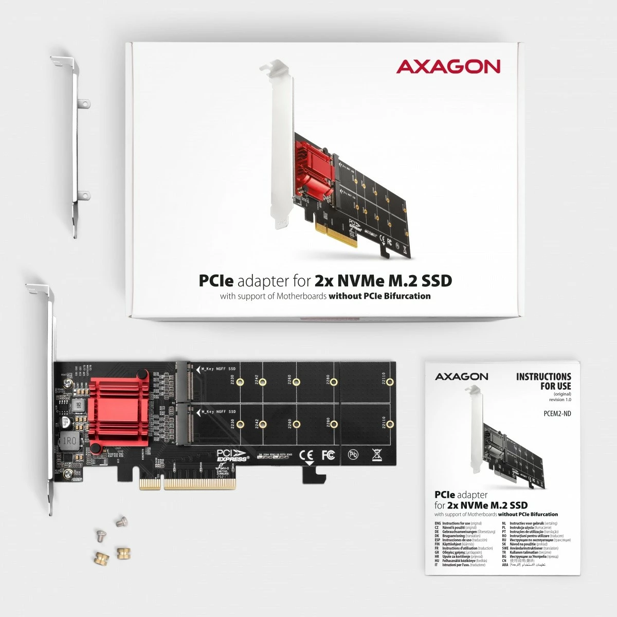 Kontroller PCIe AXAGON PCEM2-ND, 2x M.2 NVMe, RAID, për pllakë amë pa bifurcation, me mbulesë standarde dhe low profile