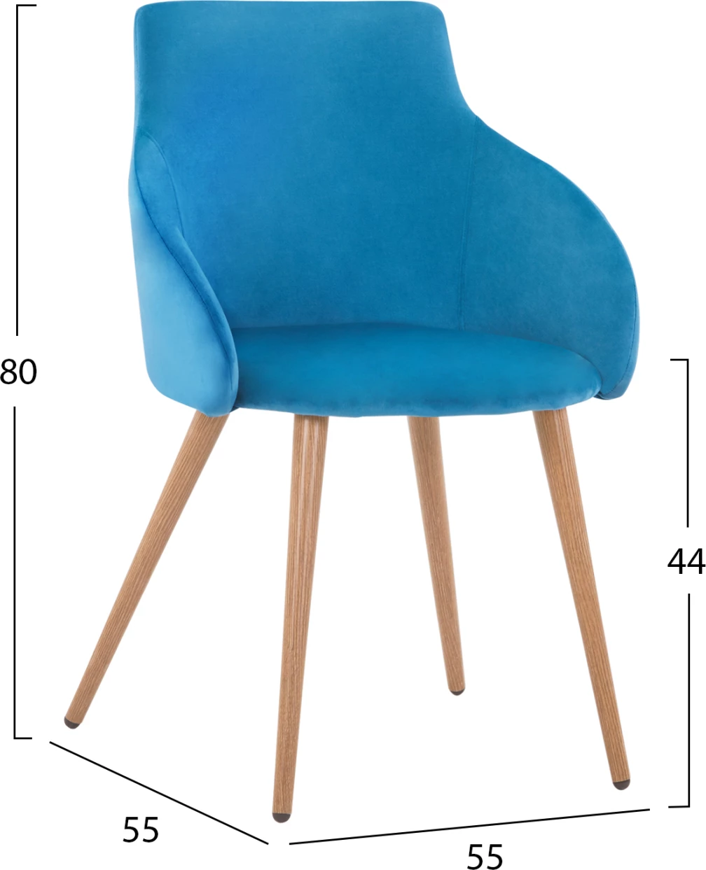 Karrige me krahë Ivy prej kadifeje, ngjyrë qielli, këmbë metalike, FH8546.09, 55x55x80cm, set prej 2 copë