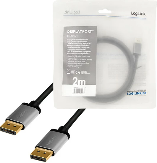 Kabllo DisplayPort LogiLink DP në DP, 2 m, 4K/60Hz, alu, zi/gri