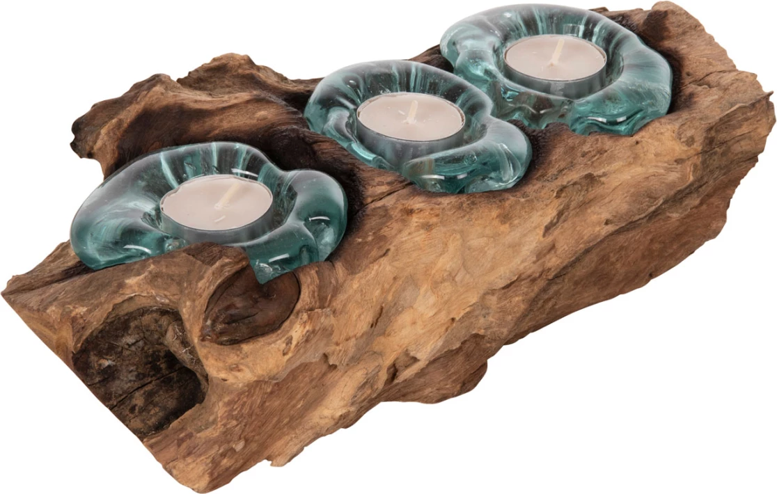 Dekor Tavoline FH4282 bazë qirinjsh-3 vende-dru TEAK i fortë dhe qelq-natyral