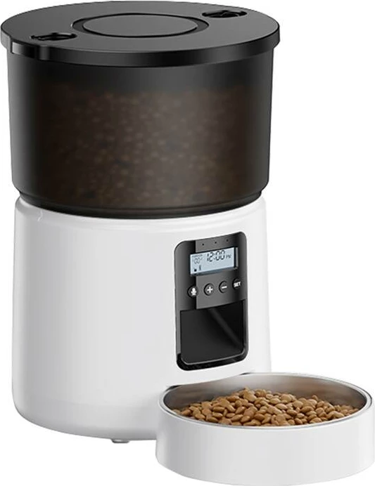 Shpërndarës automatik ushqimi për kafshë, Rojeco, RWSQXBAJO-3L, 3L, deri 10 vakte/ditë, version me butona, sistem energjie i dyfishtë, i bardhë