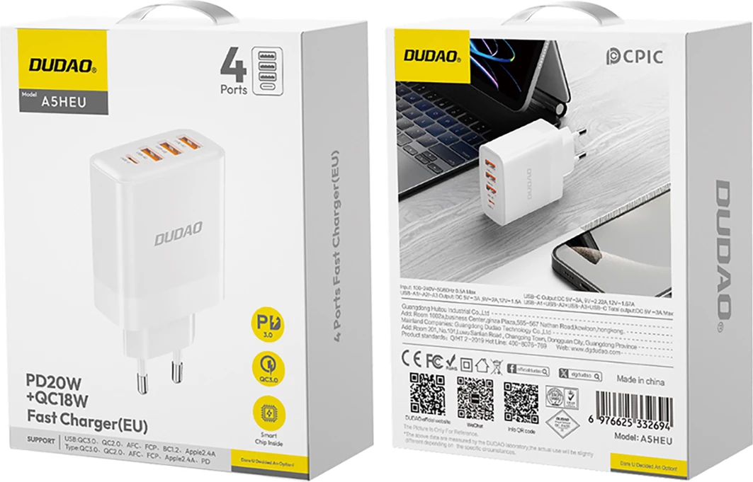 Karikues muri Dudao A5HEU, 3x USB-A, 1x USB-C, 20W, i bardhë