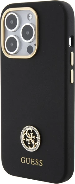 Mbështjellës Guess Silicone Logo Strass 4G për iPhone 15 Pro Max, zi