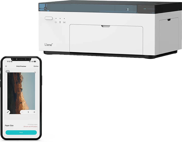 Printer foto portativ Liene Amber M100 (DHP513) 4x6\", 300 DPI, Wi-Fi, USB-C, i bardhë, set me letër 20 fletë + kartrixh