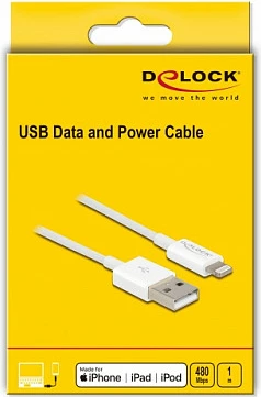 Kabllo USB-A në Lightning DeLOCK, 1 m, USB 2.0, 3A, e bardhë