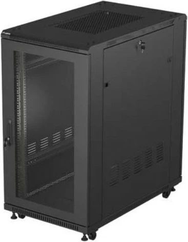 Kabinet rack qëndrimor 19" Lanberg FF01-6022-23B 22U, ngarkesë 800 kg, derë e perforuar, panel me 6 ventilatorë, Flat Pack, e zezë
