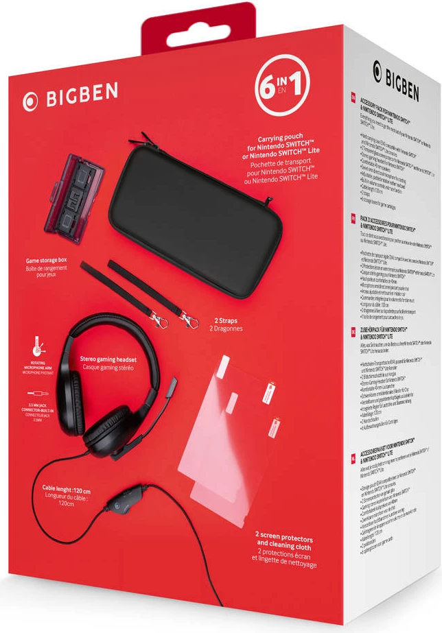 Set aksesorësh 6-në-1 Bigben Essential Pack për Nintendo Switch/Switch Lite, e zezë, set 6-në-1