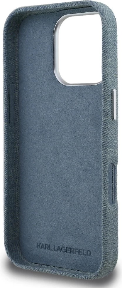 Mbështjellës Karl Lagerfeld Signature Jeans për iPhone 16 Pro, MagSafe, denim/eko-lëkurë, blu, me kuti