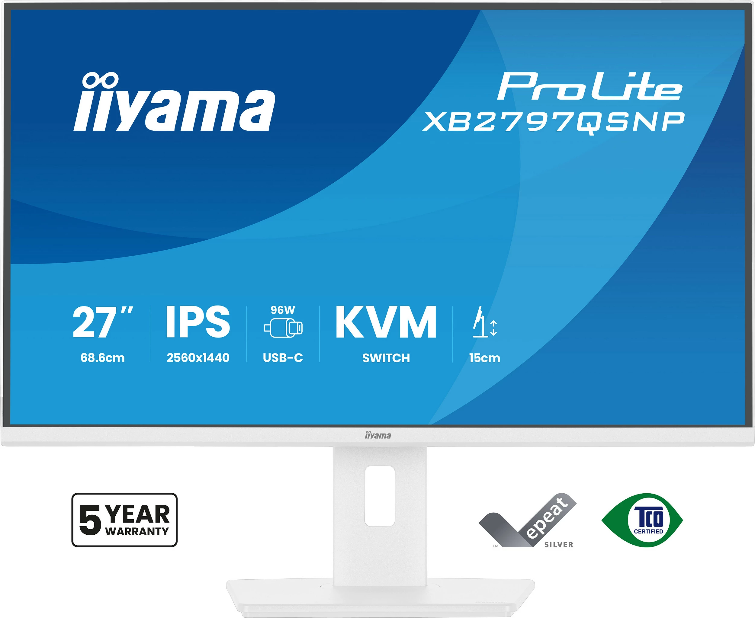 Monitor iiyama ProLite XB2797QSNP-W1, 27", QHD IPS, 75Hz, USB-C, HDMI/DisplayPort, i bardhë