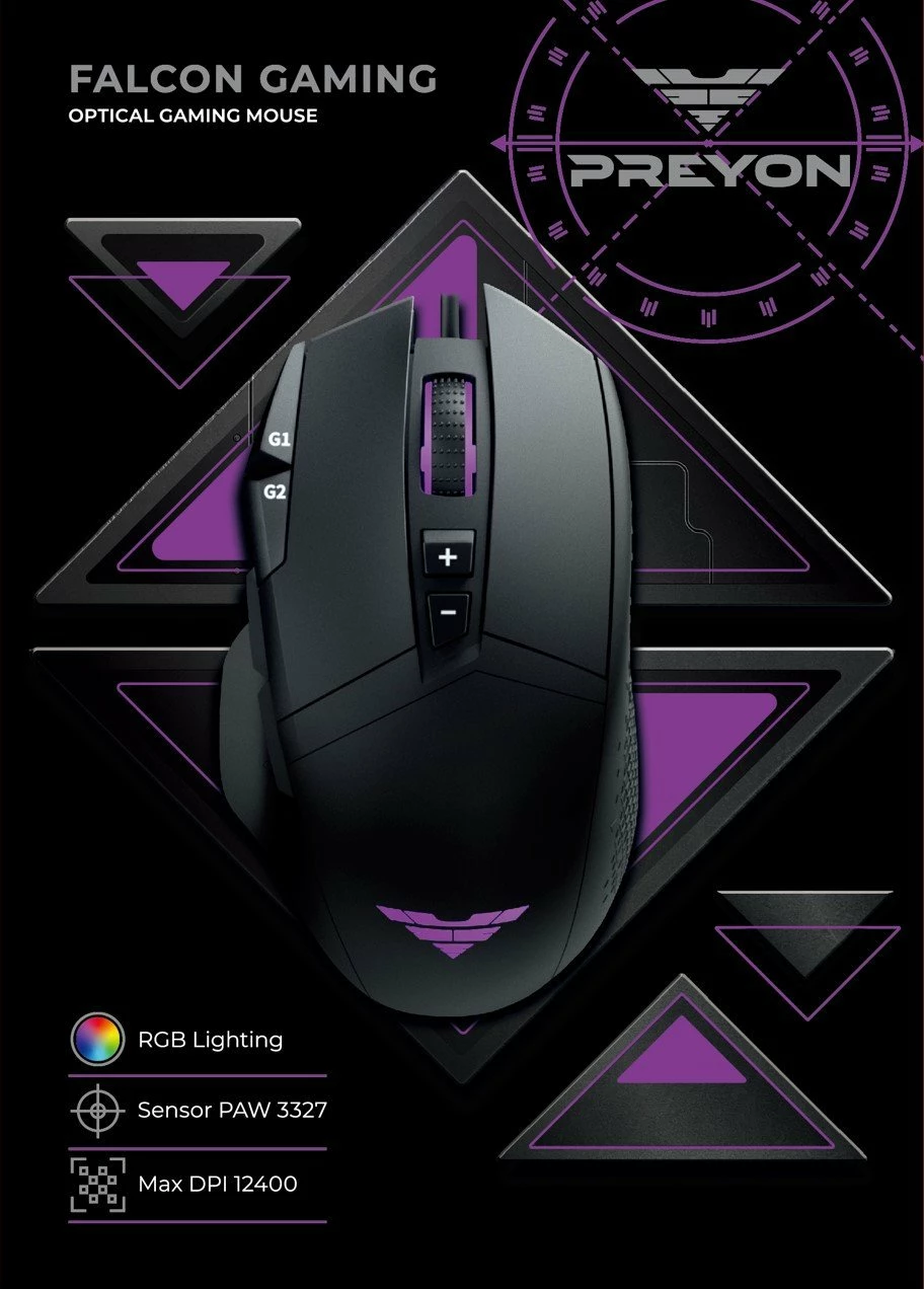Maus gaming PREYON Falcon PFG27B, 12400 DPI, 9 butona, USB me kabllo, RGB, i zi