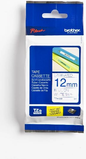 Kasetë shirit etikete Brother TZe-233 12 mm x 8 m, e laminuar, blu mbi të bardhë