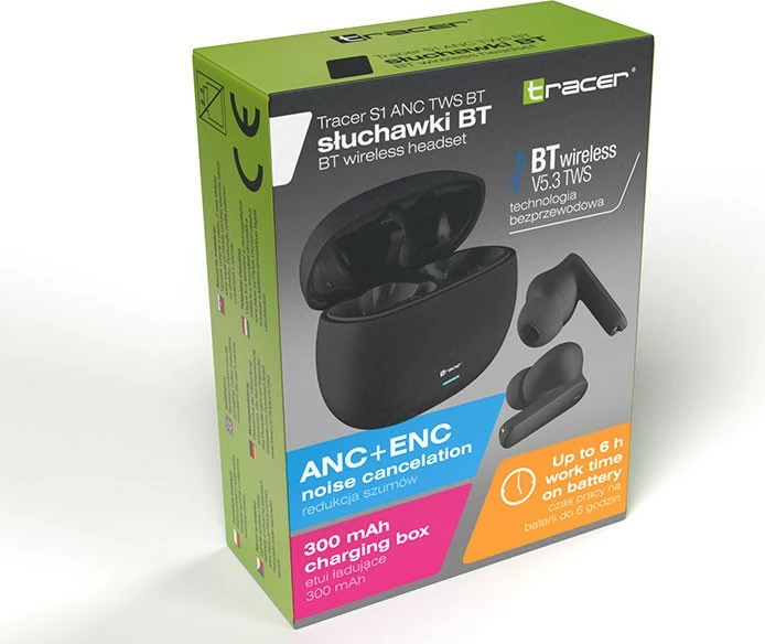 Kufje TWS me ANC, Tracer S1 (TRASLU47340), Bluetooth 5.3, bateri 6 orë, kasë 300 mAh, të zeza