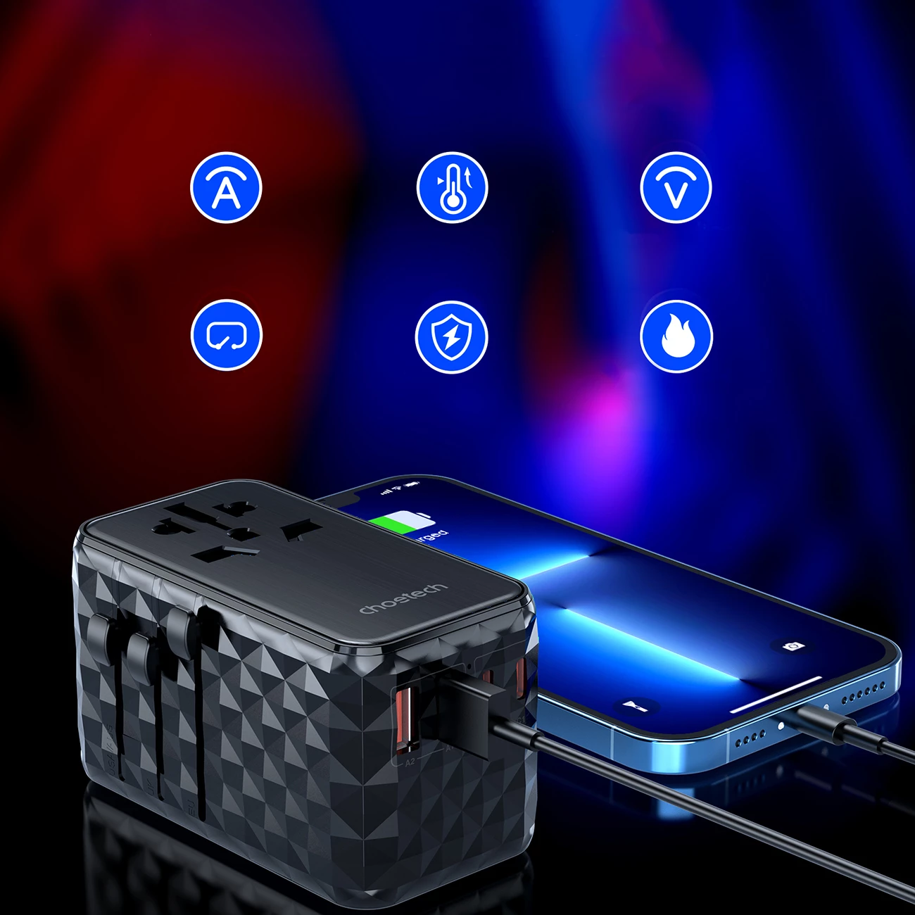 Adapter udhëtimi Choetech PD6028, 4 porta USB (2x USB-C, 2x USB-A), 100W, i zi