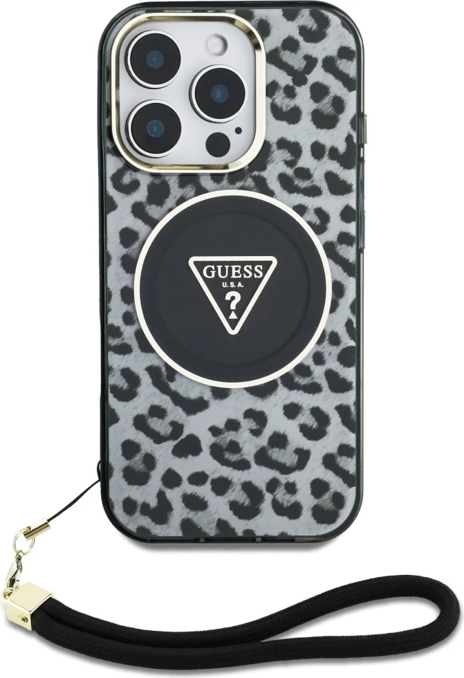 Mbështjellës Guess HC IML Leopard Triangle Cord Strap për iPhone 16 Pro, MagSafe, Zi