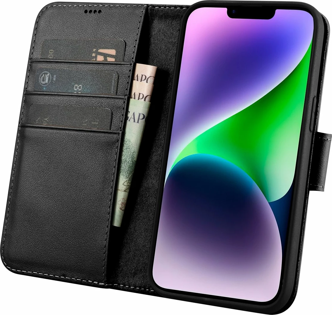 Mbështjellës iCarer Wallet Case 2in1 për iPhone 14 Plus, lëkurë natyrale, Anti-RFID, e zezë