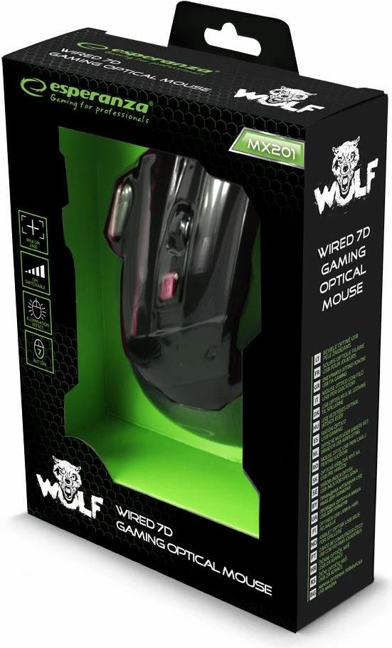 Maus gaming Esperanza Wolf MX201 (EGM201R) 2400 DPI, 7 butona, USB me kabllo, e zezë me të kuqe
