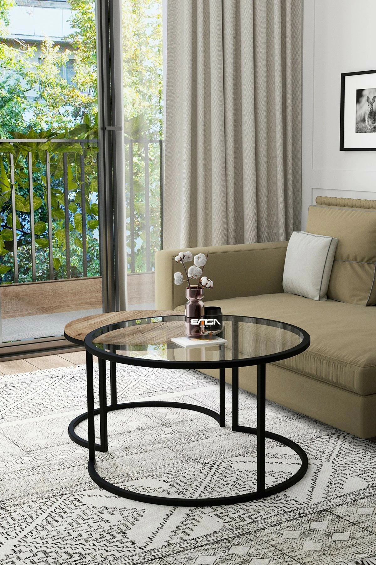 Tavolinë kafeje Skye Decor, bora, xham transparent, dru pishë antike