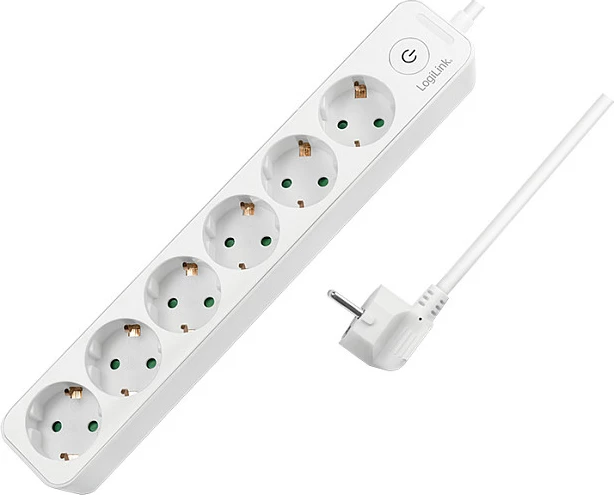 Zgjatues rryme LogiLink 6-fish, 6x Schuko (CEE 7/3), me ndërprerës, 1.5 m, i bardhë