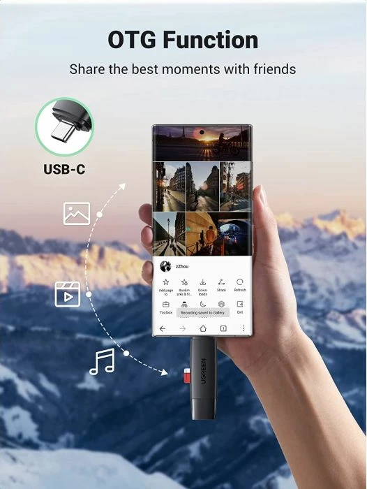 Lexues kartelash UGREEN 80191, USB 3.0 + USB-C, SD/microSD, gri e errët