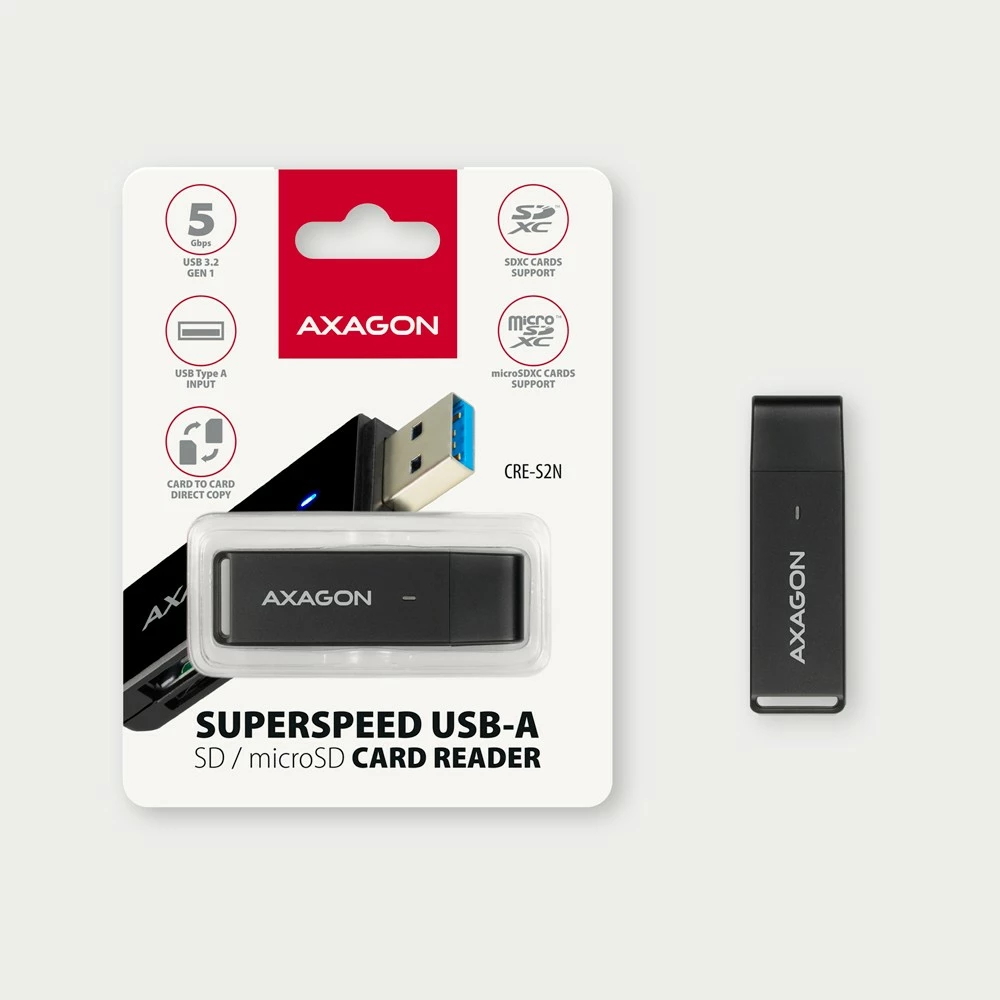 Lexues kartelash AXAGON CRE-S2N, USB 3.2 Gen 1, 2 slote SD/microSD, i zi