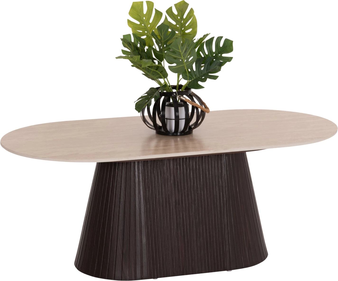 Tavolinë kafeje ovale, sipërfaqe qeramike, pamje guri travertin, bazë MDF, 124x63x39cm