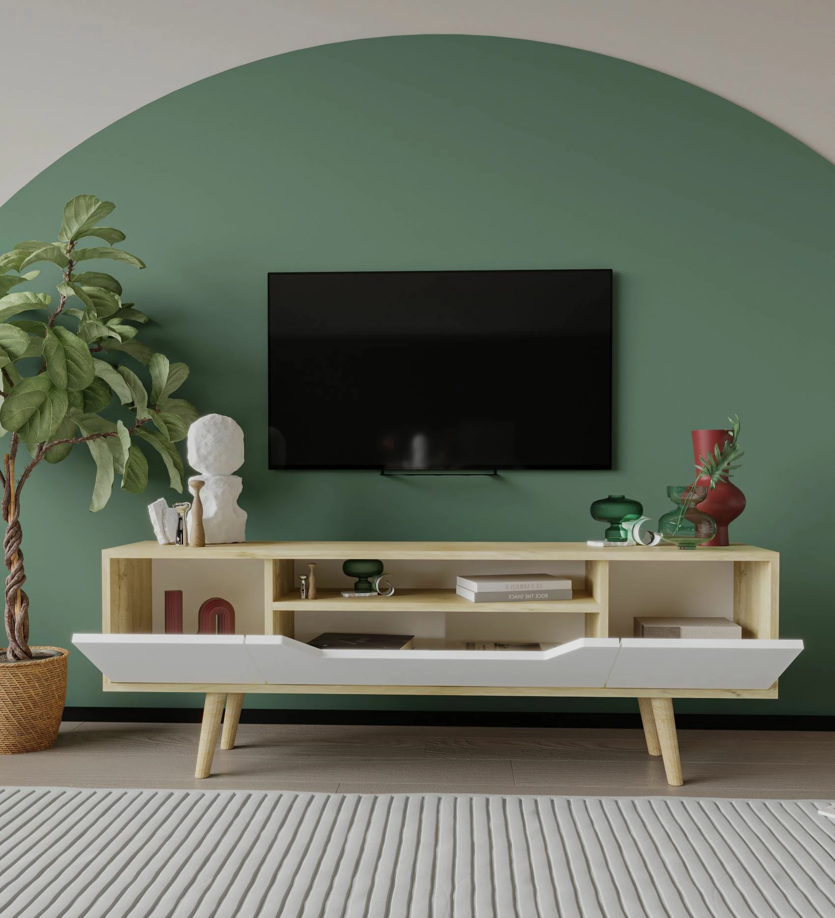 Komodë TV Skye Decor, Roma 150, ngjyrë lis safir, e bardhë